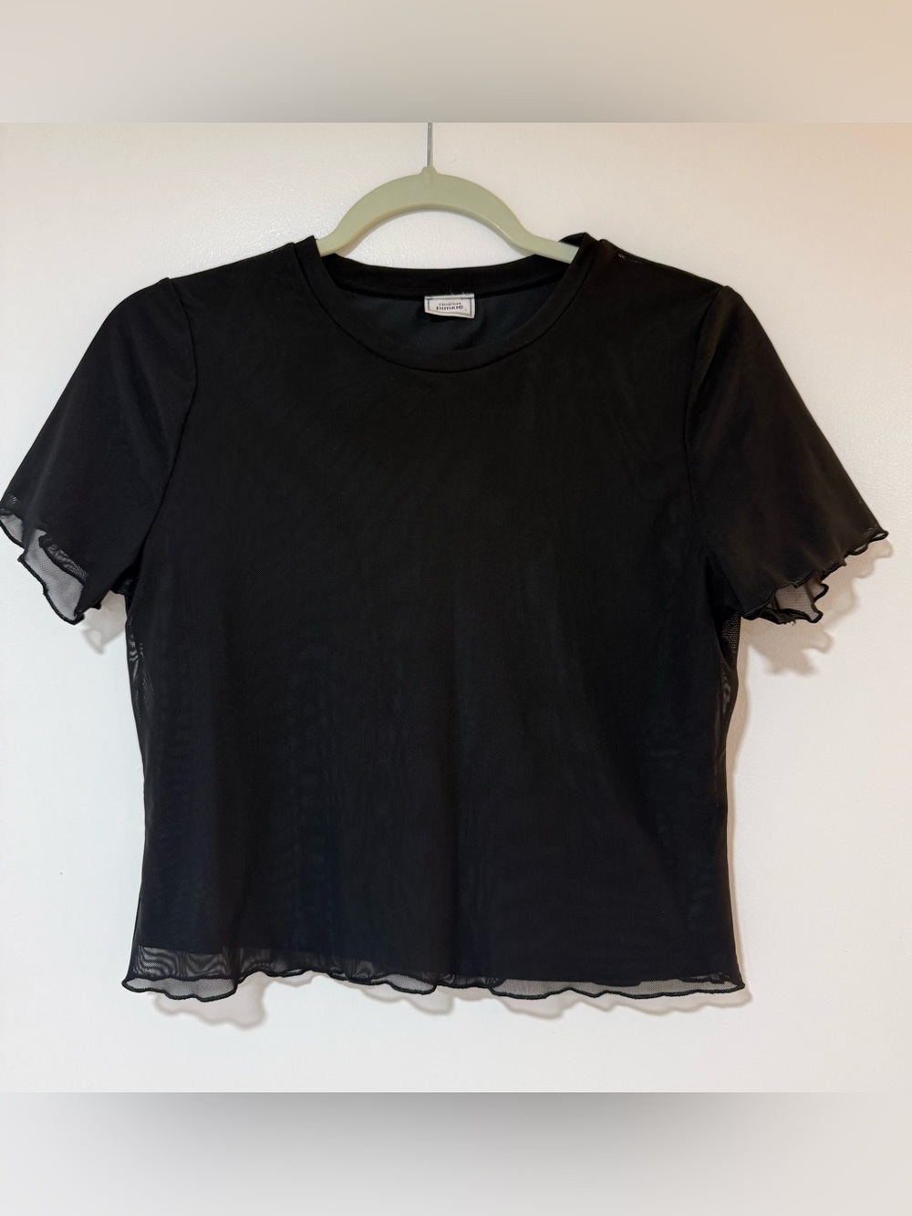 Black Sheer Short Sleeve Tee with Lettuce Hem